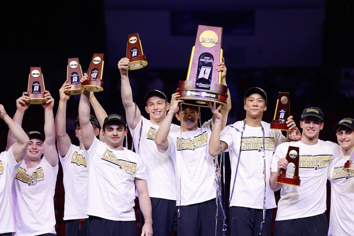 The Stanford Cardinal celebrates winning the Men’s Gymnastics Championship